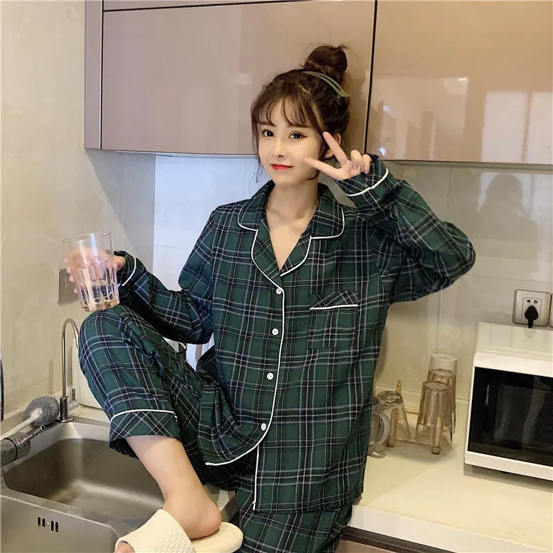 

New Autumn Casual Home Set Women Pajamas Set Pocket Plaid Sleepwear 2 Piece Set Lapel Collar Shirts Pants Lounge Wear Homewear