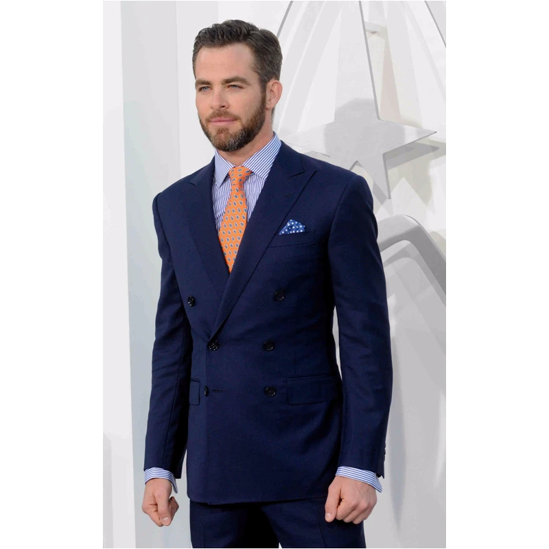 

New Style Navy Blue Double Breasted Men Suits Formal Tuxedo Slim Fit Skinny 2 Piece Custom Groom Blazer Masculino (Jacket+Pants)