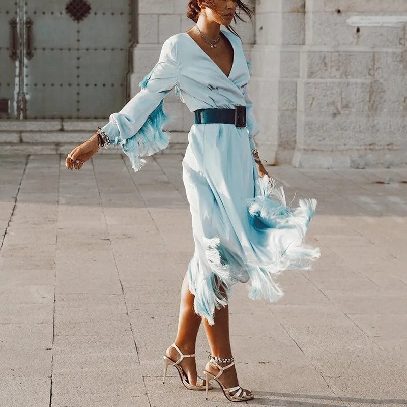 

Boho Deep V Neck Tassel Dresses Female Long Sleeve High Waist Side Split Party Dress Women 2019 Autumn Dress