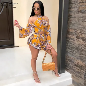 

Bonnie Forest Beautiful Mustard Multi Printed Romper Women Yellow Overalls Cut Out Sexy Short Jumpsuits Special Occasion Outfits