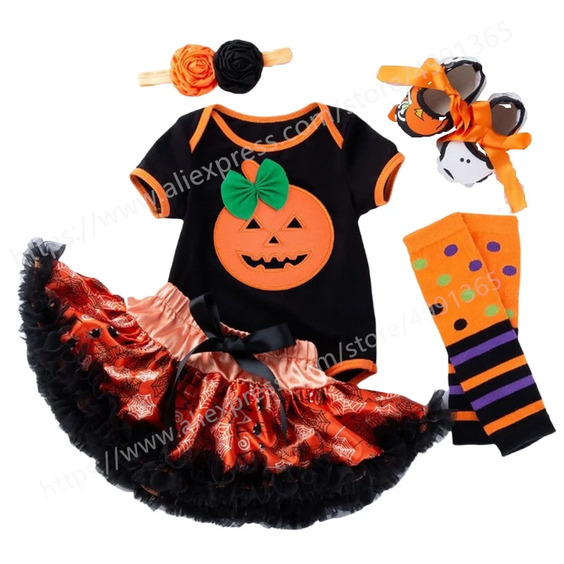 

Halloween Kids Newborn Baby Girls Dresses Outfit Short Sleeve Pumpkin Romper Bodysuit Tutu Skirt Dress Clothes with Headband