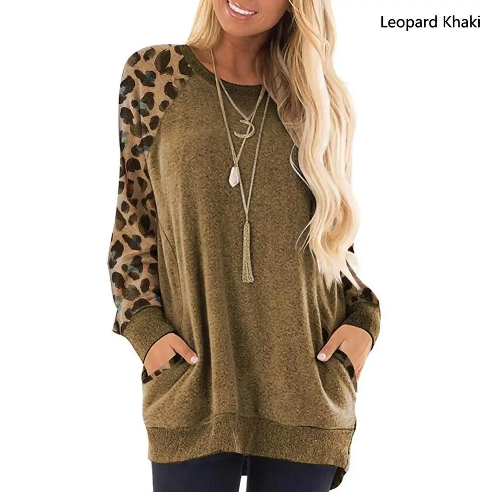 Leopard Khaki Женские свитшоты повседневные Цветные Блоки Свободный пуловер с длинным рукавом Круглый вырез карман дизайнерские футболки Блузы-топы с карманами - Цвет: Leopard Khaki