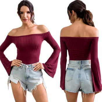 

Women's Sweater Sexy Wrapped Chest Trumpet Sleeves Sweater Slash Neck Knit Slim Solid Bottoming Sweater Women