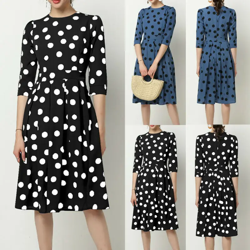 New 2020 Vinatge Women Half Sleeve Midi A-Line Dress Polka Dot Boho Ladies Retro Vestito Casual Sundress Party Dresses