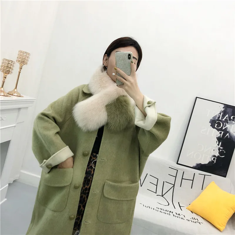 Новая одежда для женщин, зимняя с обеих сторон реального шерстяное пальто с натуральным лисьим мехом воротником осеннее кашемировое пальто