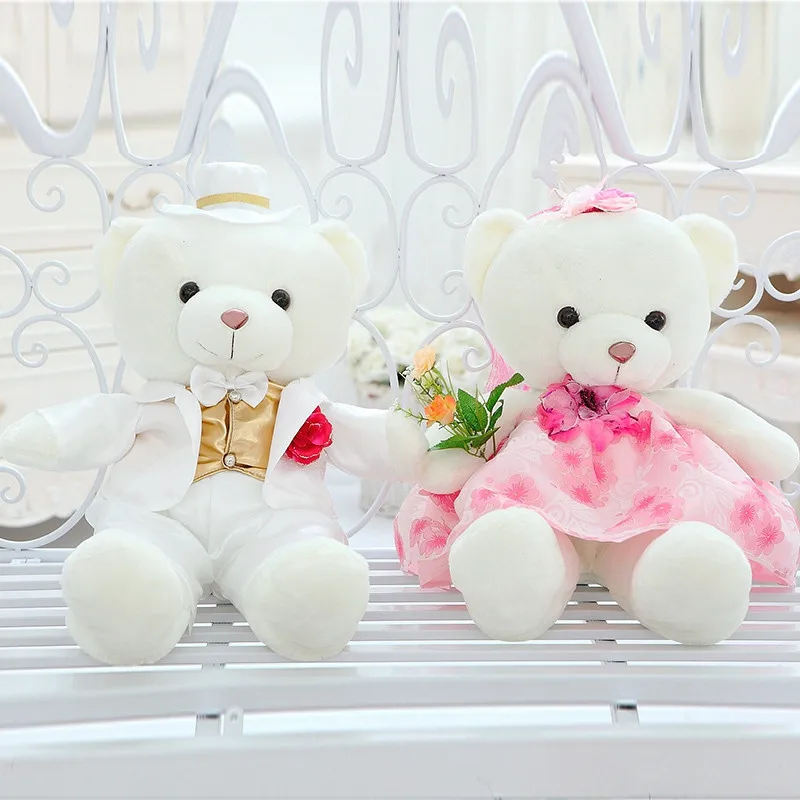

2pcs/Pair White Teddy Bears Dolls Wear Dress for Wedding Gift Male Bear and Female Bear Plush Toys for Bride and Groom