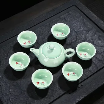 

Chinese Tea Set Porcelain Celadon Fish Teacup Set Teapot Drinkware Oolong Tea Kung Fu Tea Set Ceramic Tureen Wy418