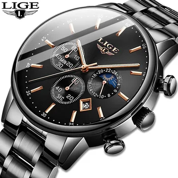 

2020 LIGE New Quartz Watch Men Fashion Business Watches Waterproof All Steel Clock Male Big Dial Date Multifunction Chronograph