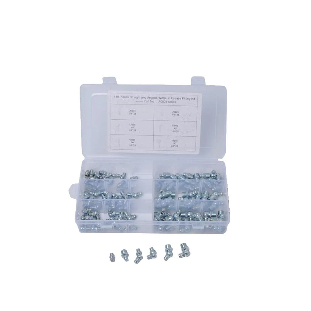 110pcs 1/4'' 1/8'' Hydraulic Grease Zerk Fitting SAE Kit for Machinery, Automobile, Bearing Seat, Joint, Marine Equipment