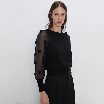 

2019 New ZA Black Knit Blouse Women Sweater Translucent Sleeve Round Collar Charm Temperament Antumn Winter Sweater Wholesale