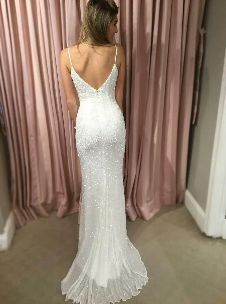 White Evening Dress VKBRIDAL Sparkly Sequin Spaghetti Straps Backless Long Mermaid Prom Formal Gown robe de soiree