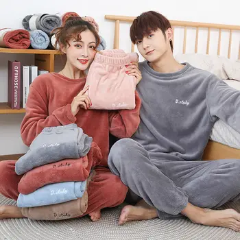 

Women Men Winter Flannel Pajama Set Womens Fleece Pajamas Sleepwear Homewear Thick Warm Velvet Female Suit Fall Sweatshirt