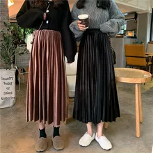 Консервативный стиль, студенческие вельветовые юбки, Осень-зима, длинные женские юбки с высокой талией, бархатные плиссированные юбки