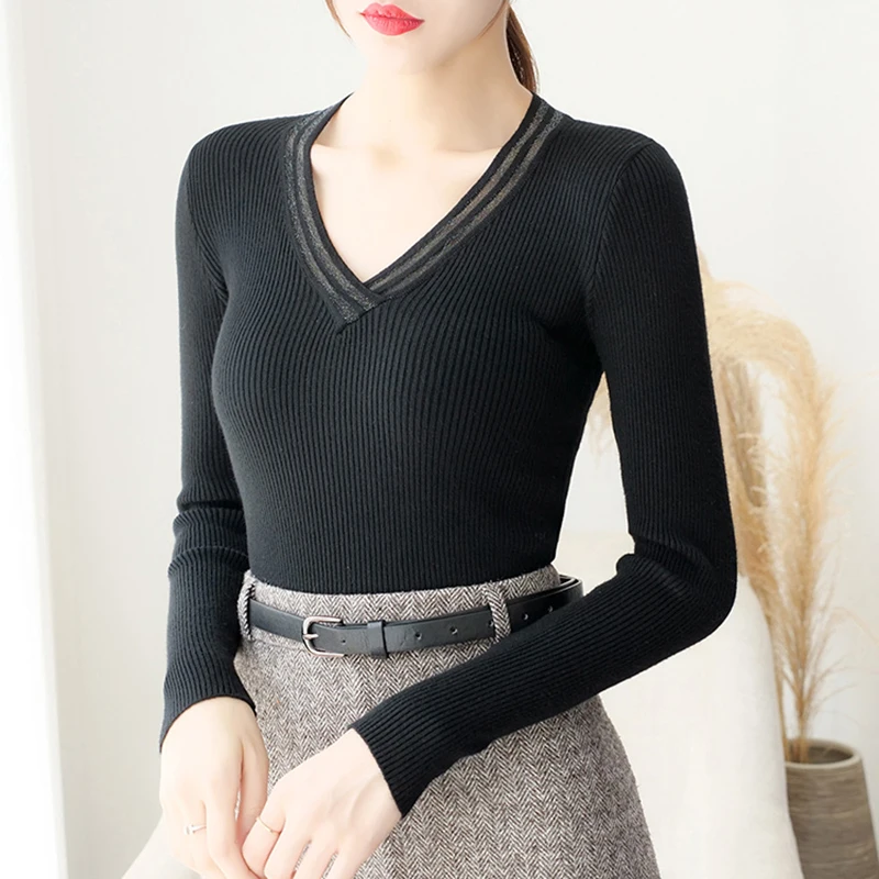 

AOSSVIAO V Neck Mesh Autumn Winter Pullover Women Sweater Knitted Jumper Womens Sweaters 2019 Tops Sweaters Pullovers Trui Dames