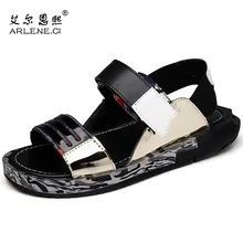 Высококачественная Летняя обувь; мужские пляжные сандалии; мужские кожаные шлепанцы без застежки с блестками; мужские сандалии на платформе; цвет черный, золотой; резиновая обувь