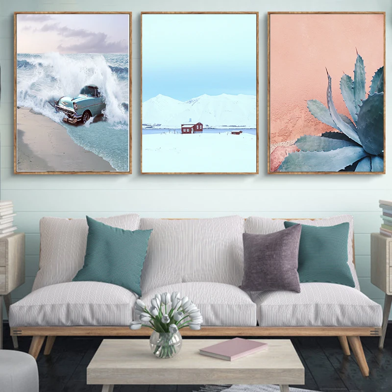 Tropical Wall Decor Blue Car Water Wave Canvas Print Botanical Art Succulent Cactus Painting Picture Posters | Дом и сад