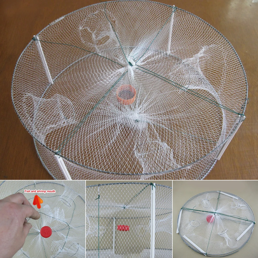 33*12cm Portable Foldable 4 Holes Round Fishing Shrimp Trap Fishing Net Polyester Fish Shrimp Minnow Crab Baits Cast Mesh Trap