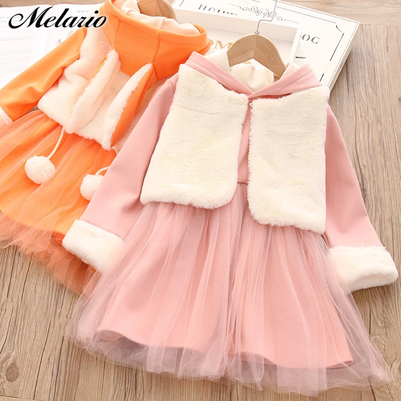 

Melario Casual Girls Dress Kids Thicken Warm Faux Fur Vest Princess Dresses Set Children Rabbit Ear Hooded Mesh Dress Clothes