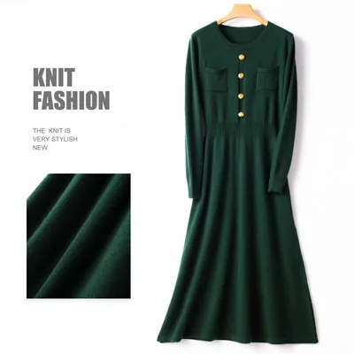 Dark Green Осень-зима, теплый толстый шерстяной вязанный кашемировый свитер, платья для женщин, приталенное платье на пуговицах спереди с карманами - Цвет: Dark Green