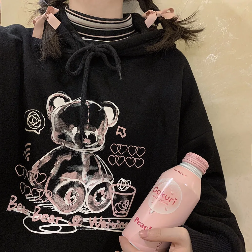 Korea Ulzzang Bear cute Women hoodies sweatshirts Loose Hip Hop Streetwear Tops Vintage Punk Casual Harajuku New Women Clothing