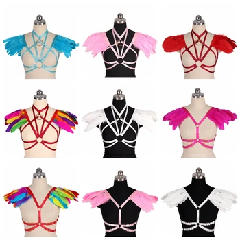 

Multicolor Feather Harness Bra Harajuku Epaulets CuplessTops Elastic Burning Women Art Rave Body Bondage Sexy Lingerie Plus Size