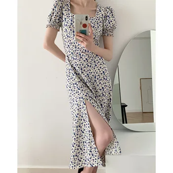 

2020 New Women Floral Midi Dress Summer Square Collar Short Puff Sleeve Lady Sweet High Waist Split Long Sundress Female Dresses