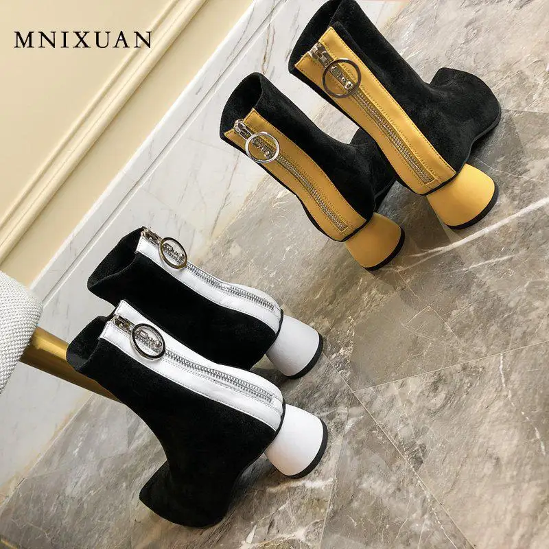 

MNIXUAN Women Shoes 2019 spring autumn leather suede Pointed Toe High Heel Ankle Boots block heel shoes Yellow Boots big size 42