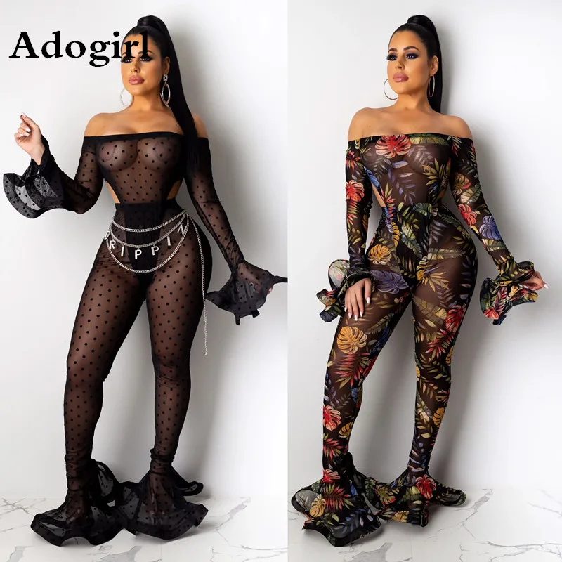 

Polka Dots/ Leaf Print Sheer Mesh Bodysuit Two Piece Set Women Sexy Slash Neck Flare Sleeve Bodysuit+High waist Boot-Cut Pants