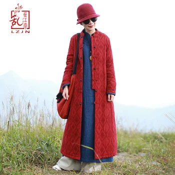 

LZJN 2019 Winter Jacket Women Stand Collar Quilted Overcoat Long Chinese Parka Jacquard Autumn Coat Pocket Winterjas