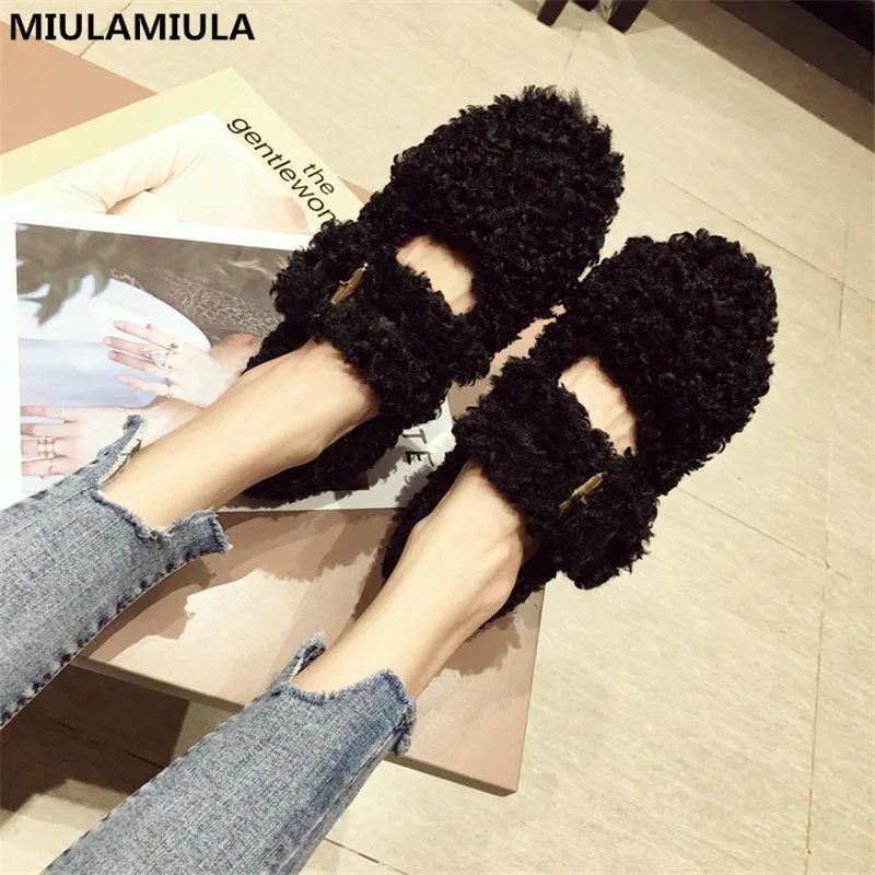 MIULAMIULA Brand Designer Winter New Luxury Soft Bottom Real Rabbit Hair Round Toe Flats Shoes Women Slip On Loafers Casual