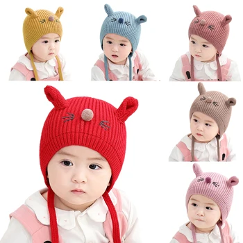

2020 Baby Hats Cute Kids Girls Boys Cartoon Ear Design Hats Knitted Wool Hemming Caps