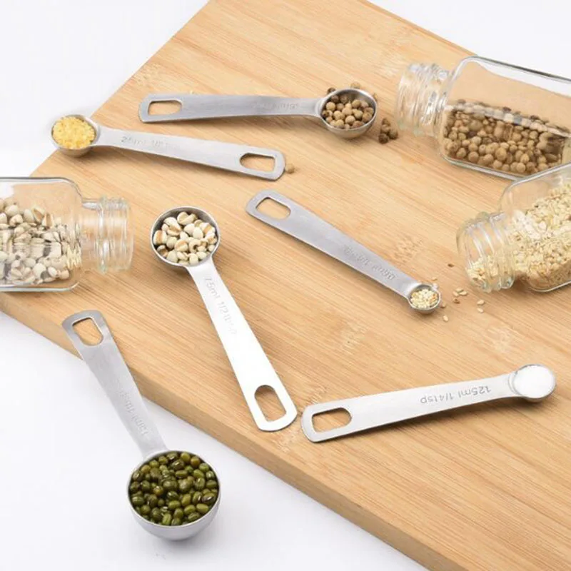 6 Pcs /set Measuring Spoon With Scale Stainless Steel Coffee Tea Measuring Bakery Tool For Liquid Spice Powder Kitchen Gadget