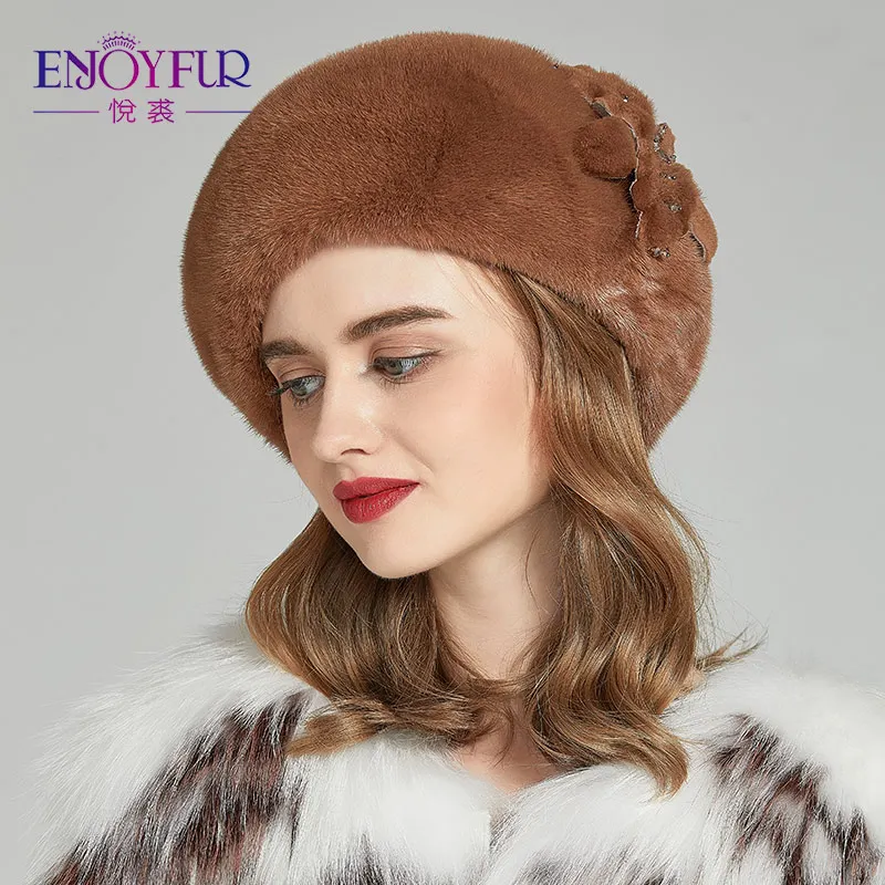 ENJOYFUR, натуральный мех норки, шапки для женщин, цельные норковые шапки с мехом, цветочные шапки для модных леди, меховые береты, шапочки, зимняя шапка - Цвет: M23