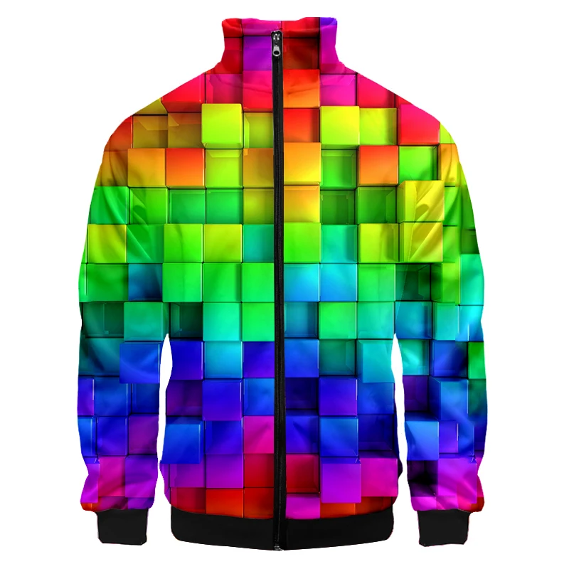 LCFA Brand Stand Up Collar Jacket 3d-printed Colored Square Puzzle Vogue And Trenty Luxury Casual Oversized Zip Up Jacket Coats foreign trade original order spain new women s shirt printed square neck patch loose stripe casual shirt fashion