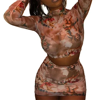 

Women's 2 Piece Sexy Angel Print Sheer Mesh Dress Outfits Set Long Sleeve Crop Tops See-through Bodycon Midi Club Dresses