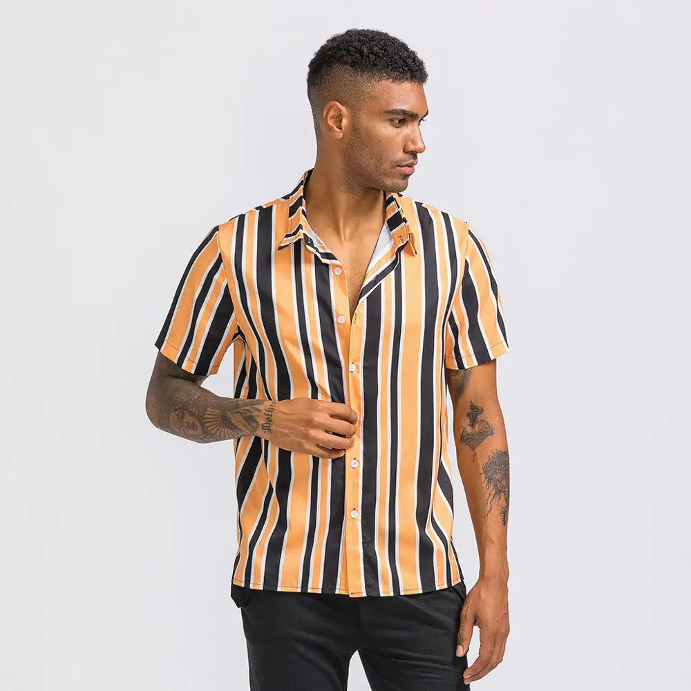 Mens Striped Printed Chest Pocket Turn Down Collar Short Sleeve Casual Shirts#4O23
