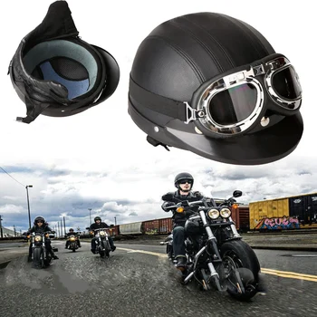 

German Style Motorcycle Black PU Half Helmet + Safety Goggles For Biker Scooter