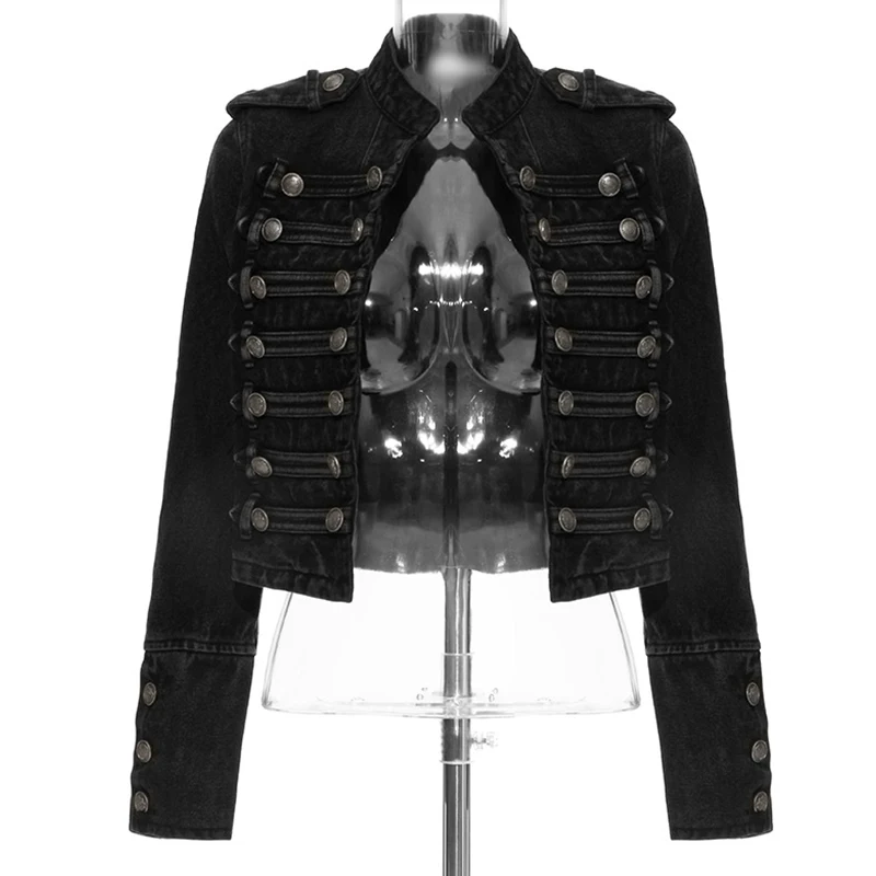

Women Vintage Denim Jacket Epaulet Triple Breasted Short Jeans Coat