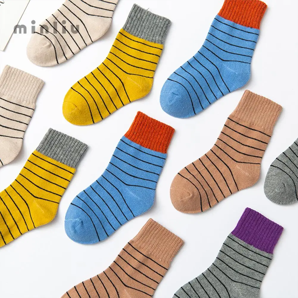 Kuulee Cute Stitching Kids Stripes Pattern Cotton Mid-calf Length Cotton socks middle tube