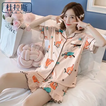 

Short Sleeve Women's Pajamas Print Turn-Down Collar Homewear Simple Cute Family Sleepwear DULASI