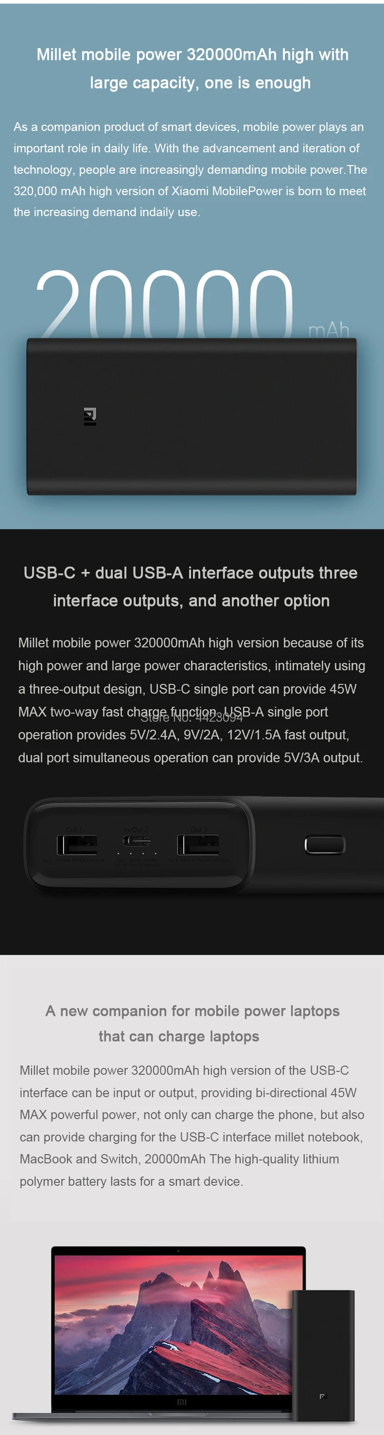 Xiaomi Mi 20000mAh power Bank 3 Pro/2C USB-C 45W портативное зарядное устройство Dual USB power bank для ноутбука смартфона
