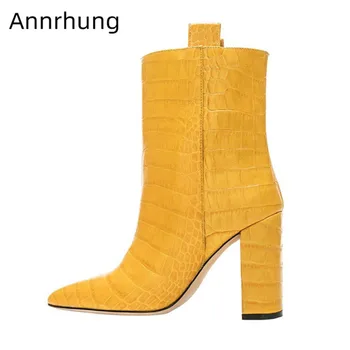 

Crocodile Print Boots Women Pointy Toe Slip On Party Botas Super High Square Heel Bottes Autumn Spring Fashion Boots Woman 2020