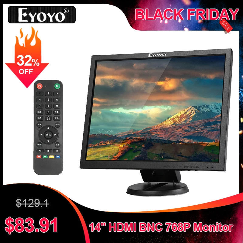 

EYOYO 14" TFT LCD Screen 1024x768 CCTV TV Computer LCD Display For Security PC with BNC HDMI VGA AV Input Raspberry PI Monitor