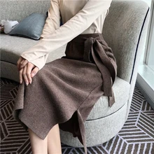 Осень-зима толстые Для женщин с юбкой на осень-зиму, с эластичной резинкой на талии со шнуровкой Женские трикотажные юбки сторона Разделение элегантная женская юбка