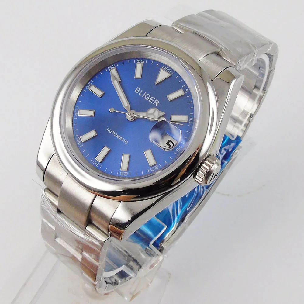 

36mm Bliger Brand Blue Dial Sapphire Glass Polished Case Automatic Movement Men's Watch Bracelet Luminous hands