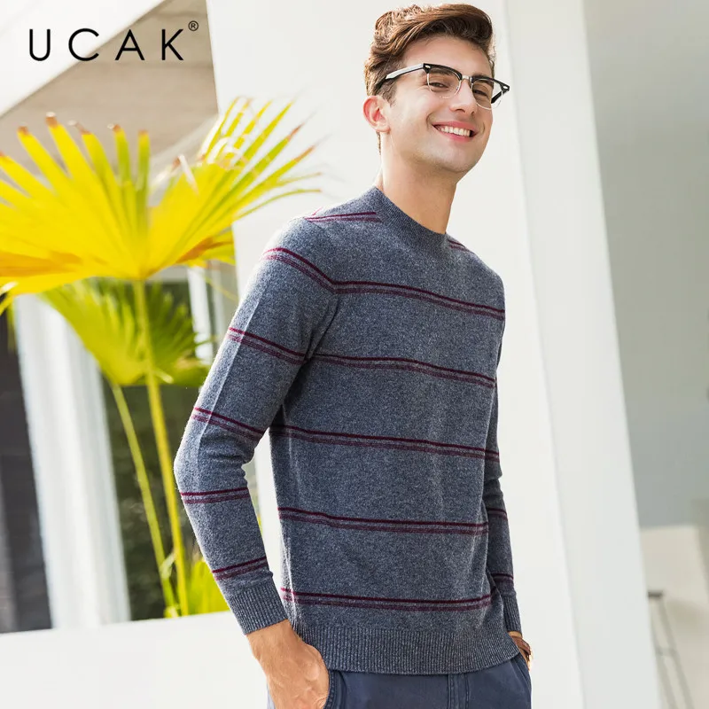 Promotion UCAK Brand 100% Merino Wool Sweater Men Casual Striped O-Neck Pullover Men Autumn Winter Warm Cashmere Sweaters Pull Homme U3072