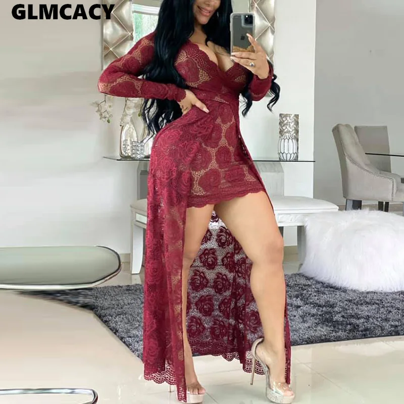 

Women Lace See Through Long Sleeve V Neck Dress Sexy Long Party Dress Solid Lace Dip Hem Maxi Dress