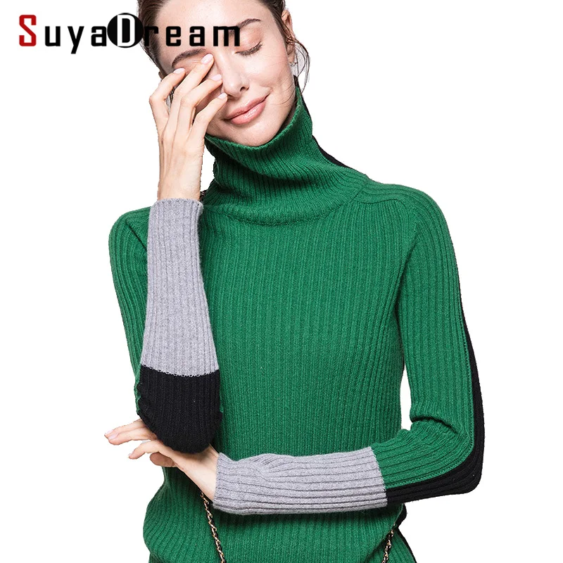 

Women Pullover 100%Cashmere Turtleneck Sweater For Women Fashion Contrast Collar Pullovers 2019 Fall Winter Sweaters