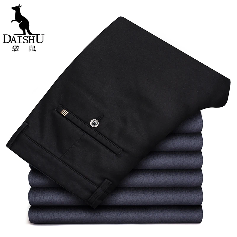 DAISHU осень зима новые повседневные брюки мужские флисовые хлопковые обтягивающие классические брюки мужские велюровые теплые Брендовые брюки плюс размер 44 - Цвет: Черный
