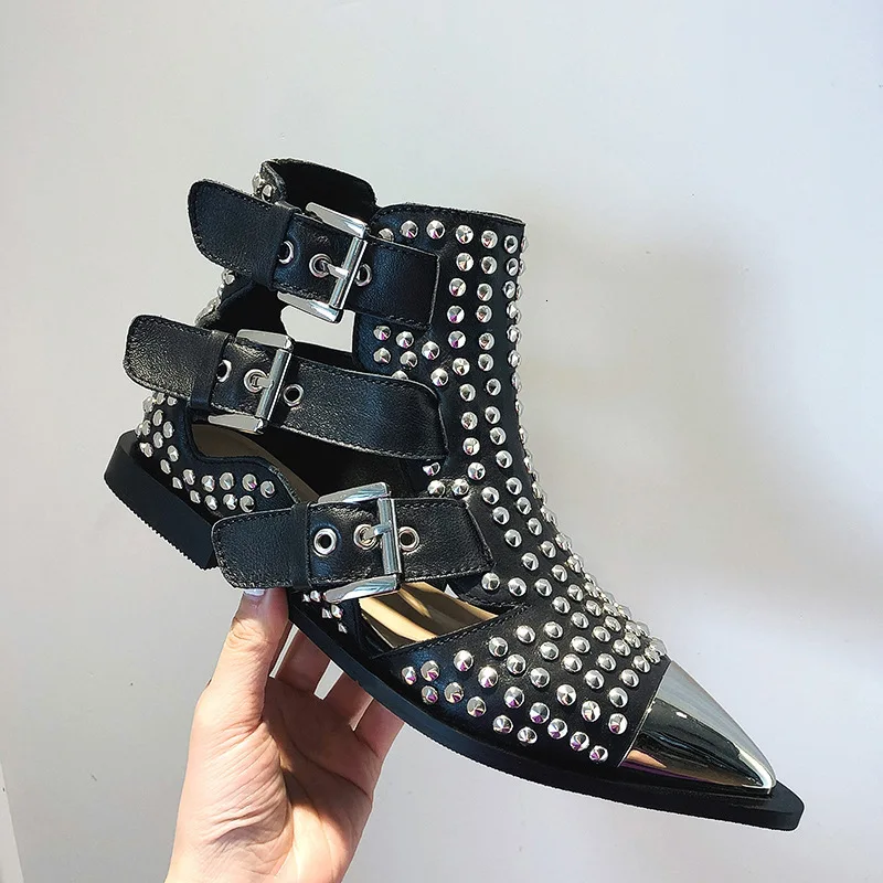 

2019 Head Genuine Leather Short Boots Low heel Rivet Sharp Leisure Sandals